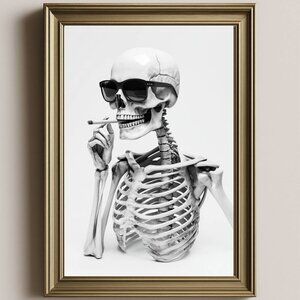 8.5x11 Skeleton Smoking Poster, Gothic Minimalist Wall Art, Black & White
